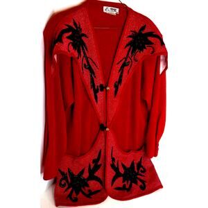 Vintage 80s Red Wool Cardigan Abstract Maximalist Beaded Applique Jacket Large